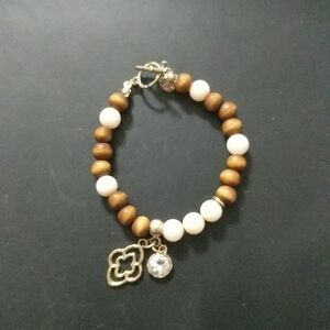 Crave Gold Tone Brown Wood and White Agate Gemstone Statement Bracelet